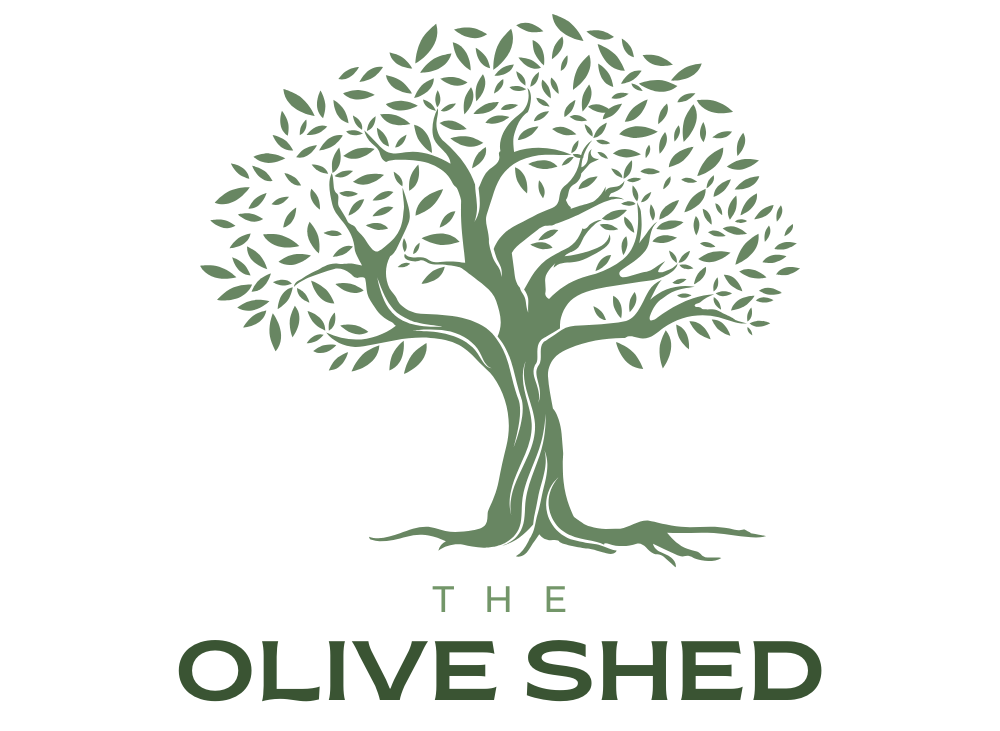 The logo for the olive shed is a tree with leaves on it.