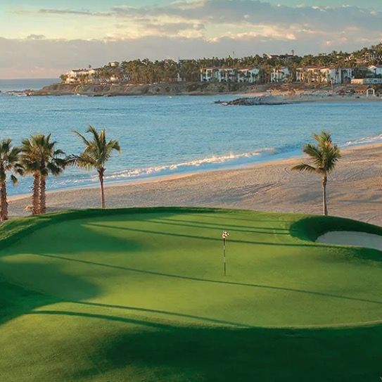 a golf course on a beach with palm trees and the ocean in the background .
