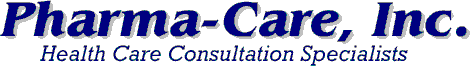 Pharma-Care, Inc. logo with blue italic text and “Health Care Consultation Specialists” tagline