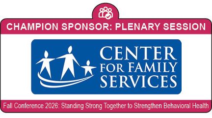 Center for Family Services logo on blue banner with pink sponsor header and conference footer text