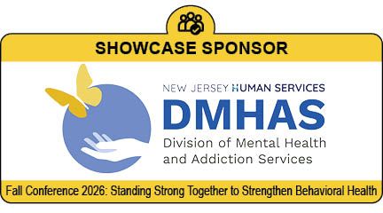 DMHAS showcase sponsor banner with yellow butterfly logo and Fall Conference 2026 text