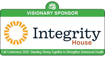 Green sponsor banner for Integrity House with orange sun logo and Fall Conference 2024 text.