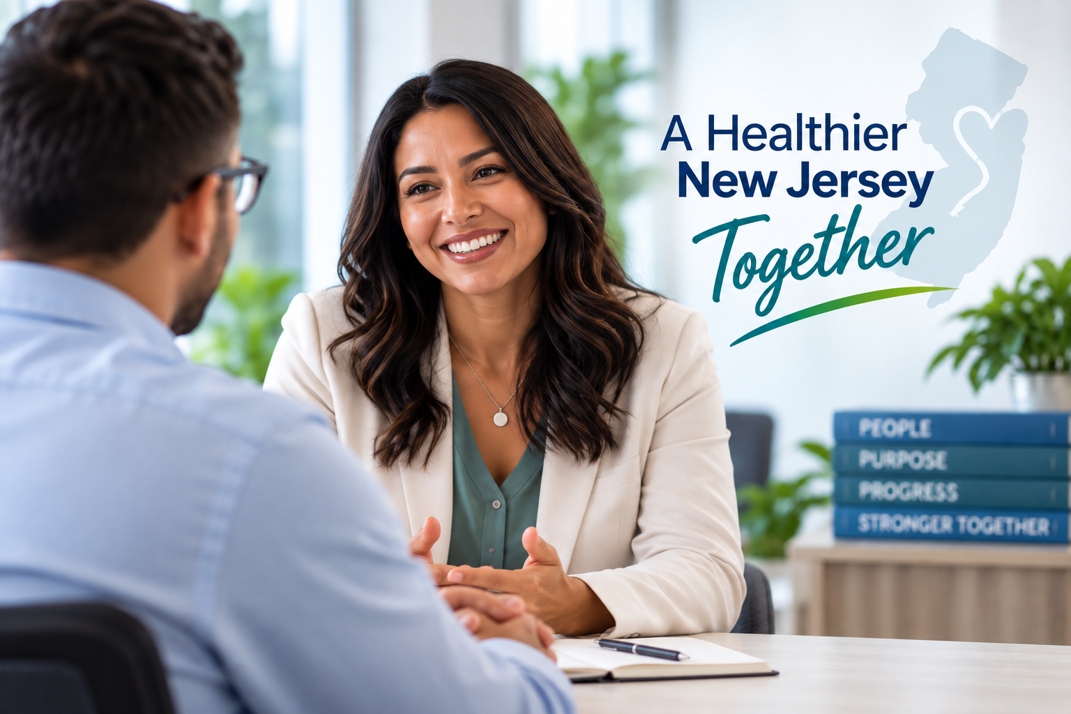 Two people talking at a desk with “A Healthier New Jersey Together” text and state outline in the background