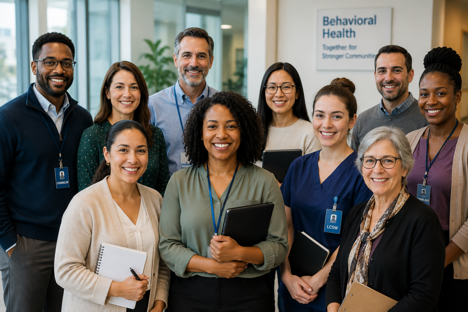 Group of smiling healthcare staff in a hospital hallway, standing before a Behavioral Health sign.
