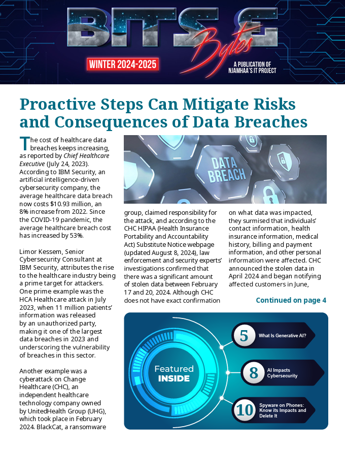 Newsletter cover on data breaches, blue header, article about proactive steps to mitigate risks and consequences