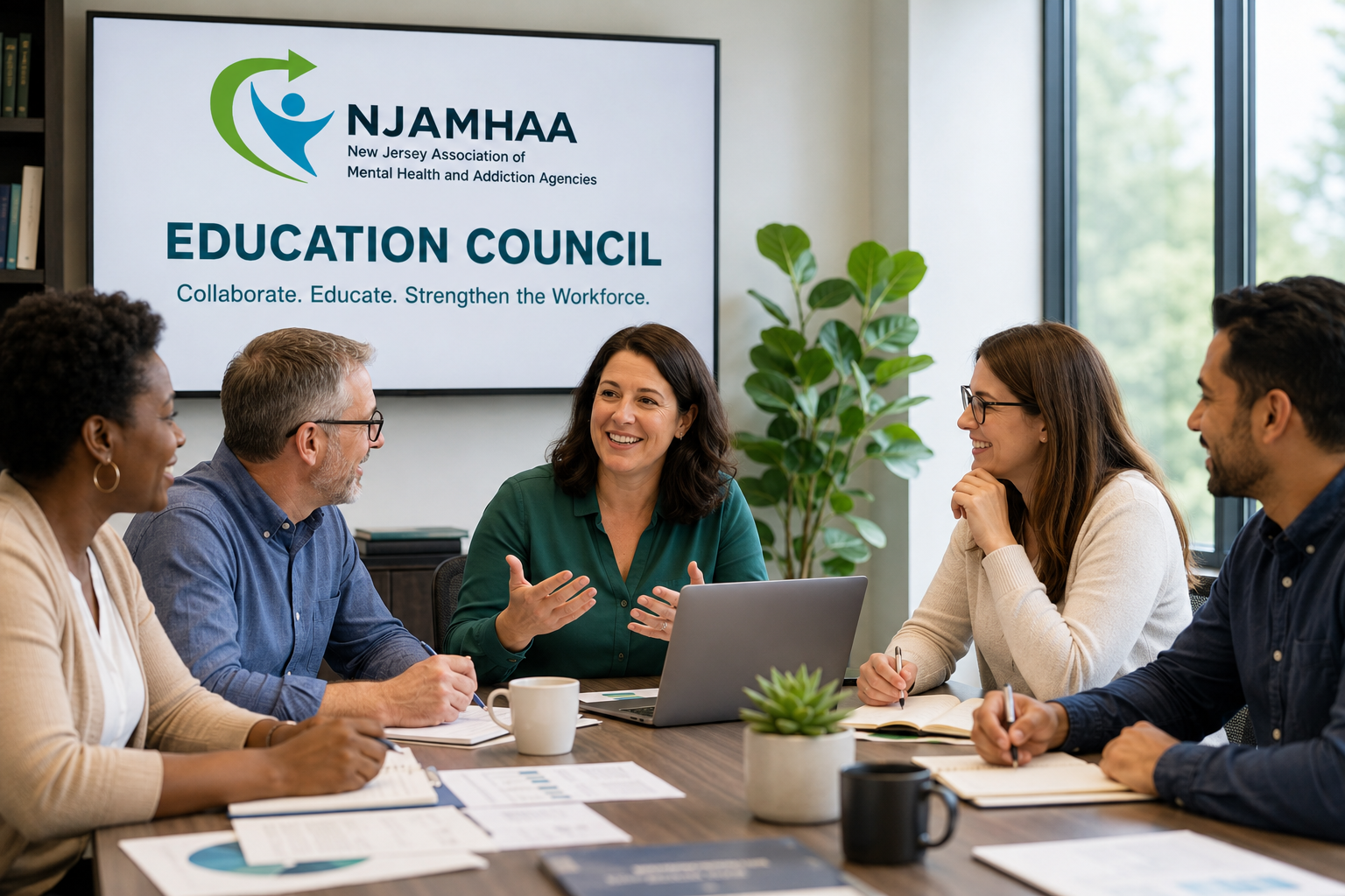 Group meeting in an office with a woman speaking, laptops and coffee cups on the table, and an Education Council sign behind them
