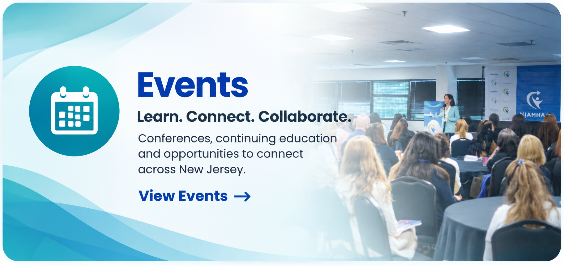 Events banner with calendar icon, blue waves, and a crowd in a conference room, inviting users to view events