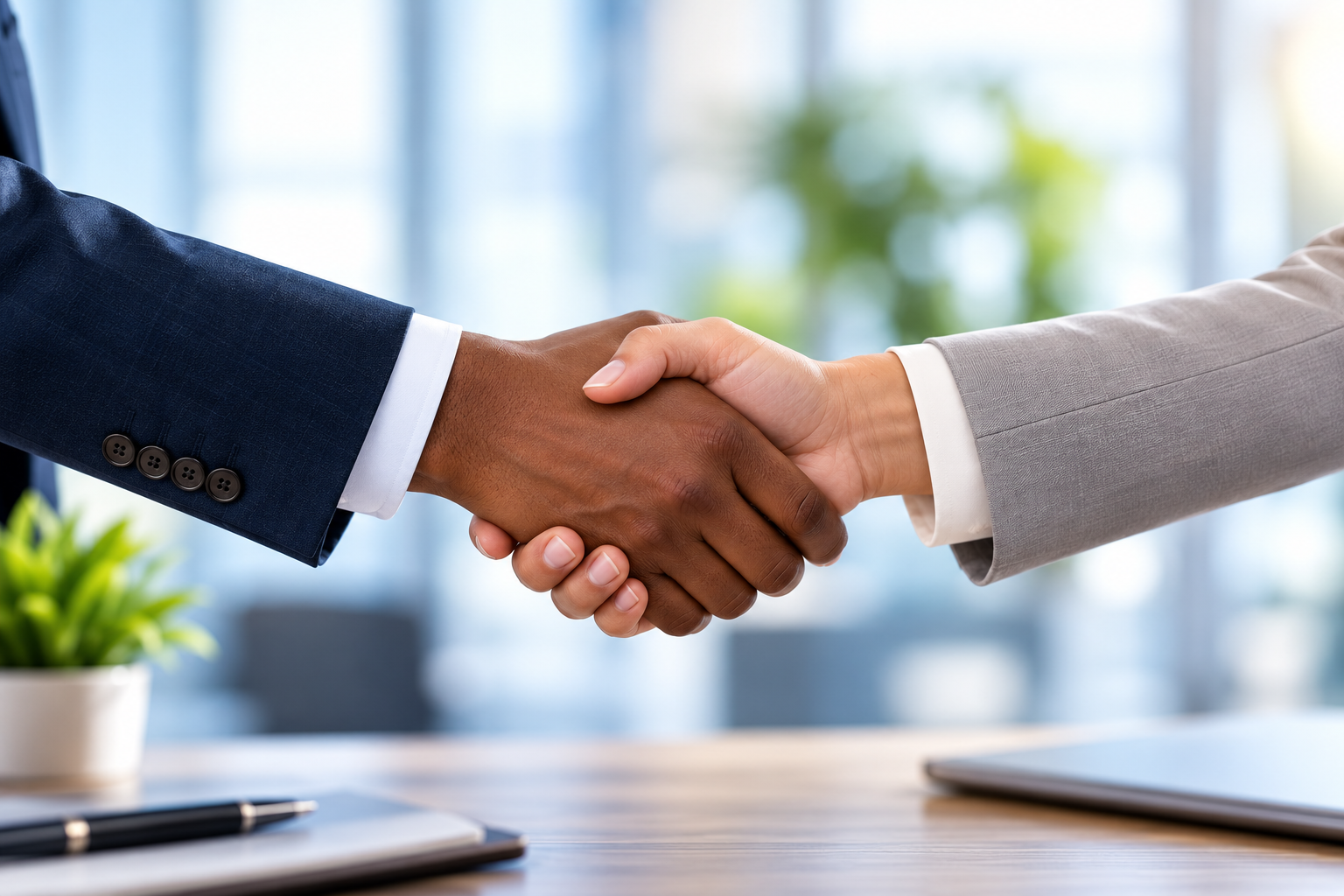 Two people shaking hands across a desk in a bright office setting