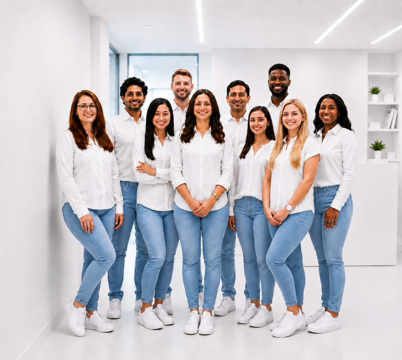 Team of nine smiling people standing together in a bright white office, wearing white tops and jeans