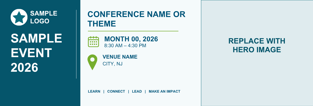 Conference flyer in teal and white with sample event details and a placeholder hero image.