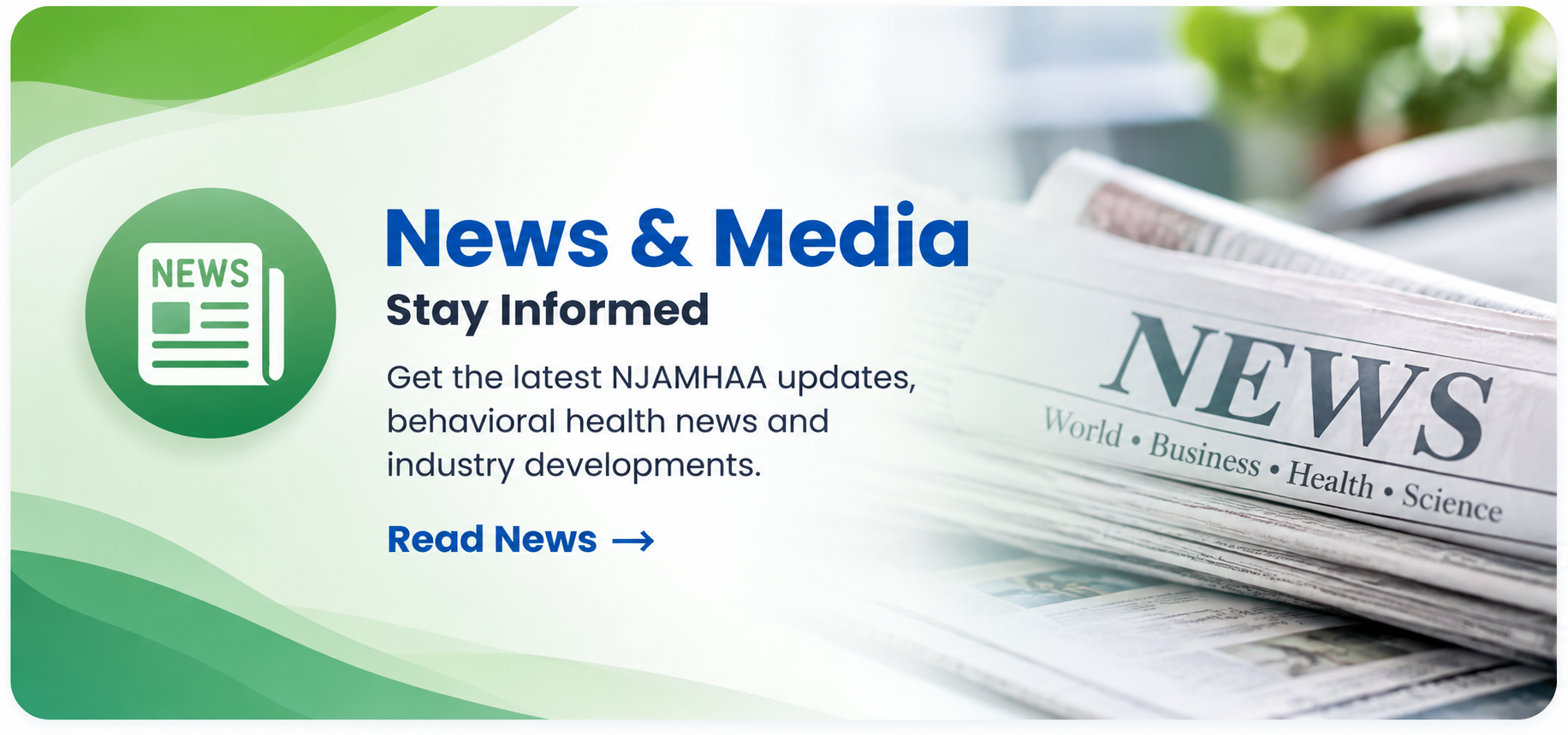 News and Media banner with newspaper and globe icon on a green gradient background, promoting story updates