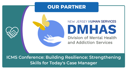 Partner banner for NJ DMHAS ICMS conference, teal and white with handshake and butterfly logo