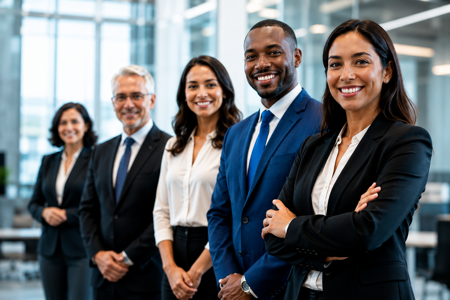 Group of business professionals standing in a bright office, smiling at the camera.