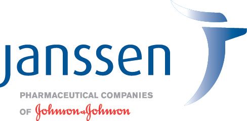 Janssen logo with blue text and abstract blue mark, Johnson & Johnson pharmaceutical company