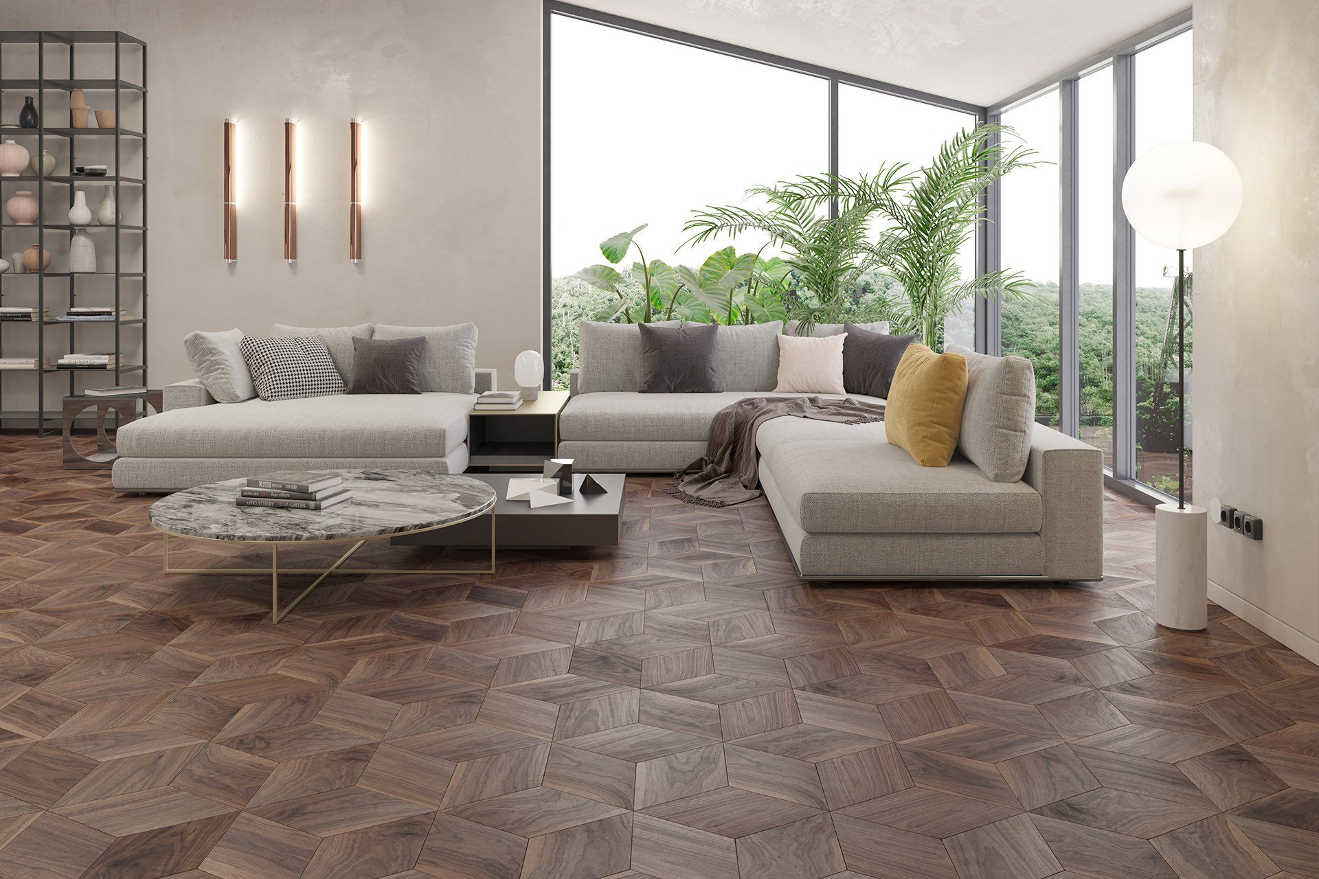 Soggiorno moderno con ampio divano componibile, finestre a tutta altezza con vista sul verde e pavimenti in legno.
