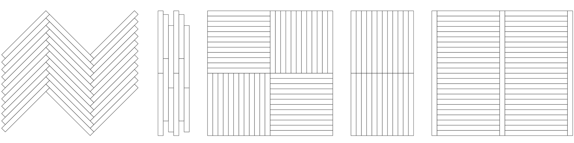 Disegni di motivi di pavimenti in parquet: spina di pesce, scacchiera e linee parallele.