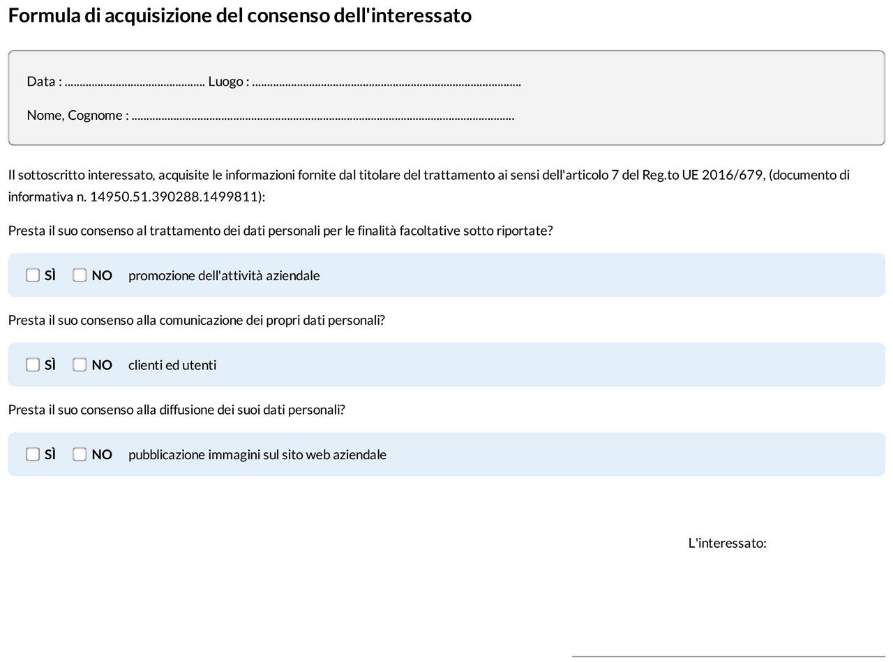 Modulo di richiesta del consenso, con domande sì/no in merito all'utilizzo dei dati.