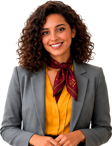 Profissional sorridente em blazer cinza, blusa amarela e cachecol bordô sobre fundo branco.