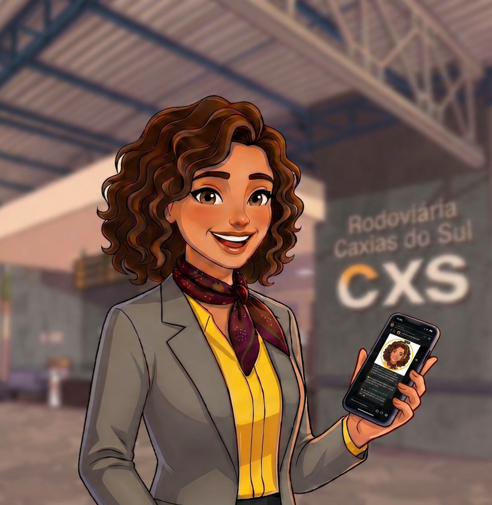 Uma mulher sorridente, vestida com um terno cinza, segura um telefone em um terminal de ônibus com a placa CXS.