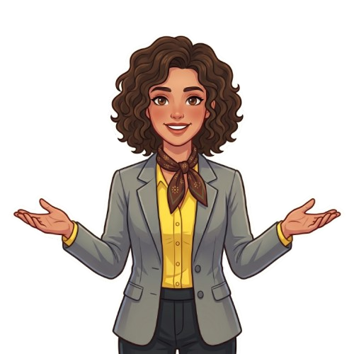 Mulher de desenho animado vestindo blazer cinza e camisa amarela, sorrindo com os braços abertos.