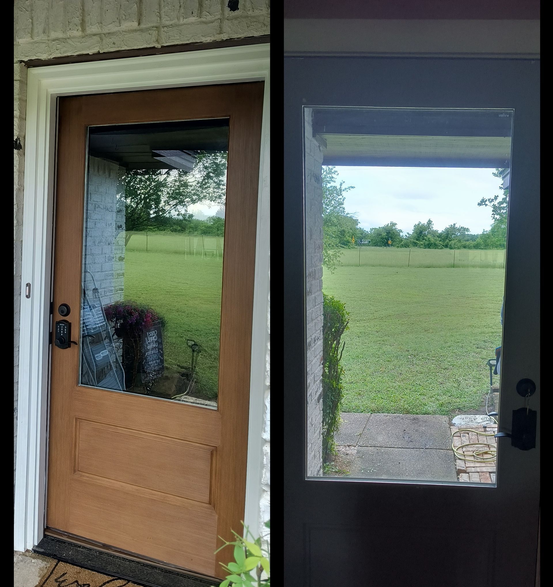 Two doors with glass panes showing a grassy field outside, one wooden and one dark-colored.