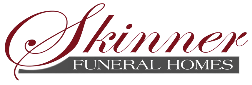 Skinner Funeral Homes logo in burgundy and gray script on a white background