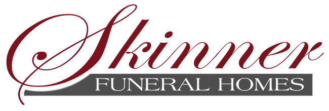 Skinner Funeral Homes logo in burgundy and gray script on a white background