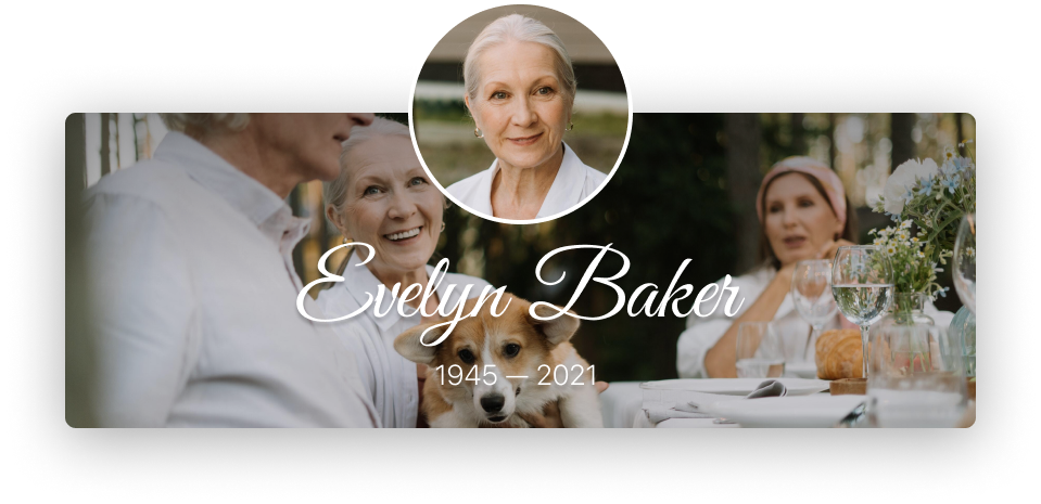 Memorial banner with smiling woman portrait, wedding scene, and the name Evelyn Baker with dates 1944–2022