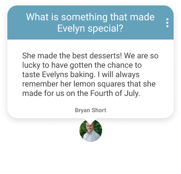 Testimonial card praising Evelyn’s desserts; says her lemon squares were memorable for Fourth of July.