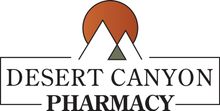 Logo: "Desert Canyon Pharmacy" text below a mountain silhouette and sunset.