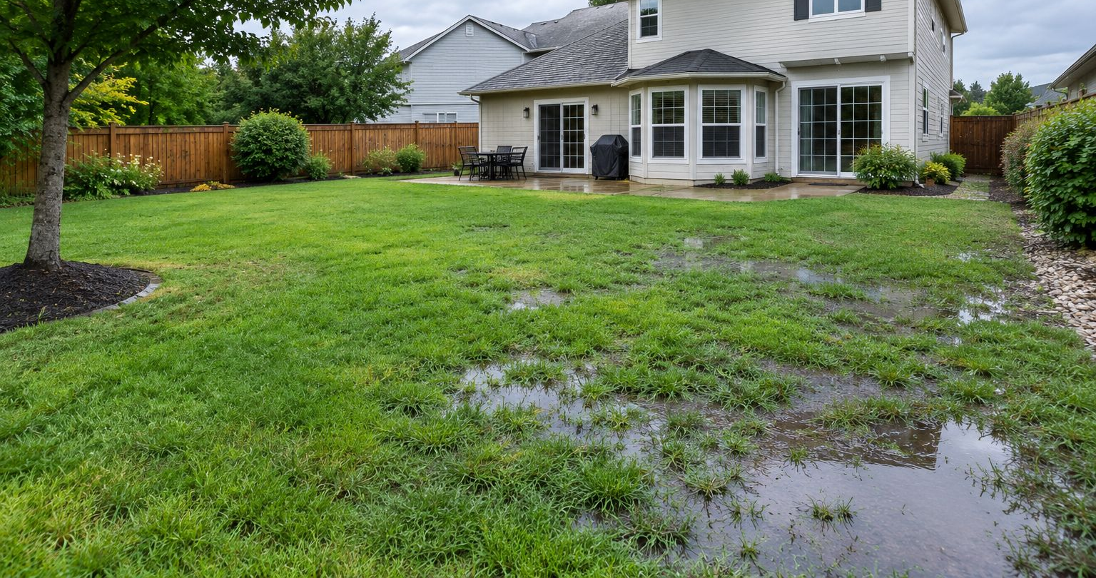 Backyard lawn with standing water puddles behind a white house and patio.