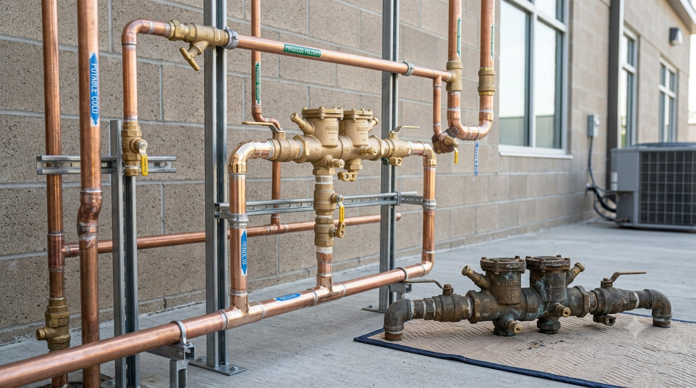 Outdoor copper gas piping and valves mounted on a building exterior next to HVAC units and a wall.