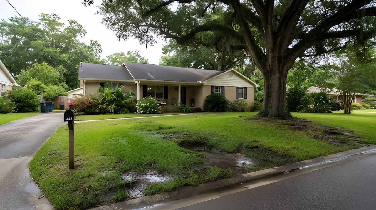 Suburban house with a large tree, wet lawn, and mailbox beside a quiet street.