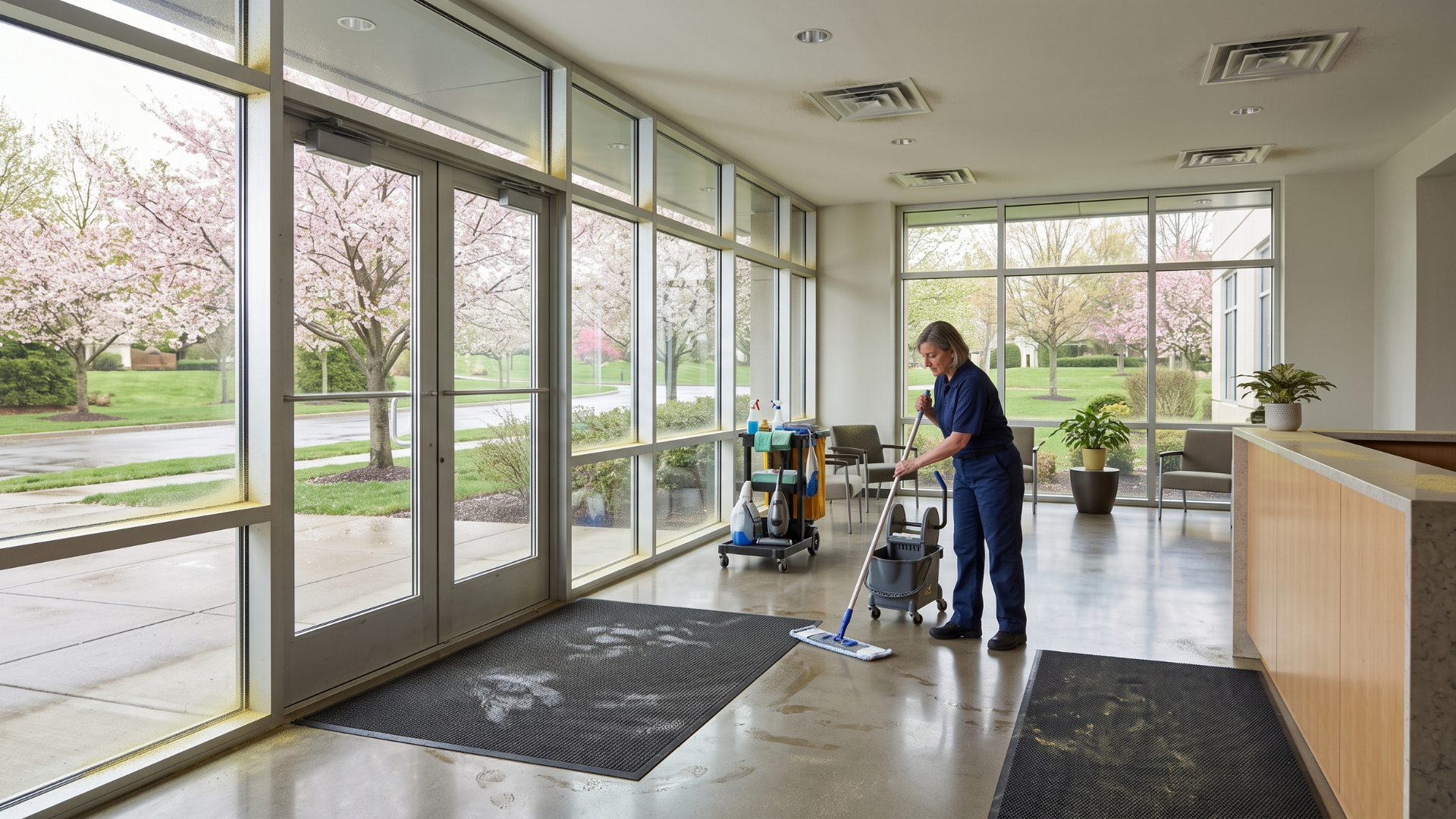 Person mopping the floor in a bright lobby with large windows and blooming trees outside