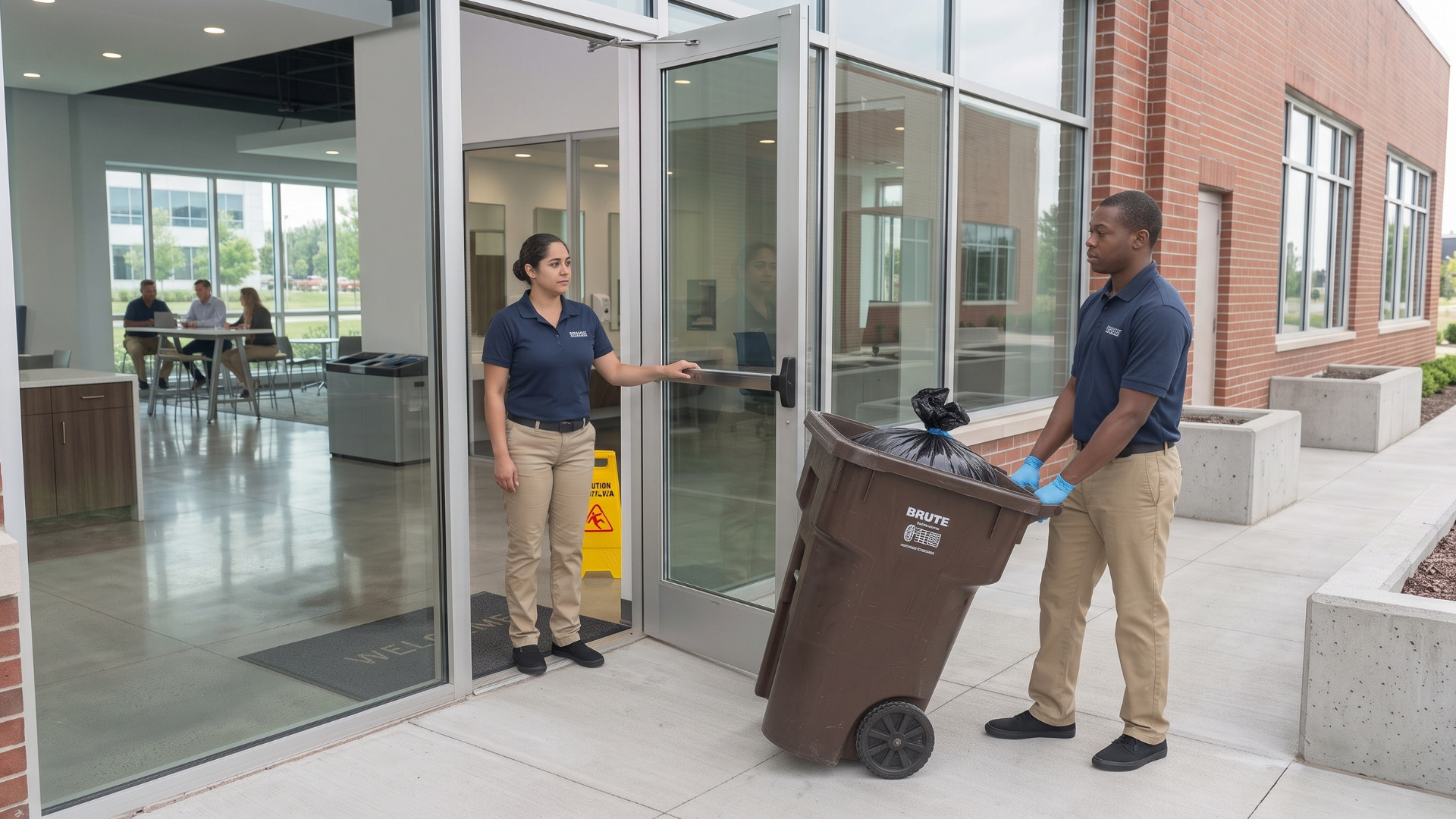 Two workers move a brown trash bin outside a glass building entrance.