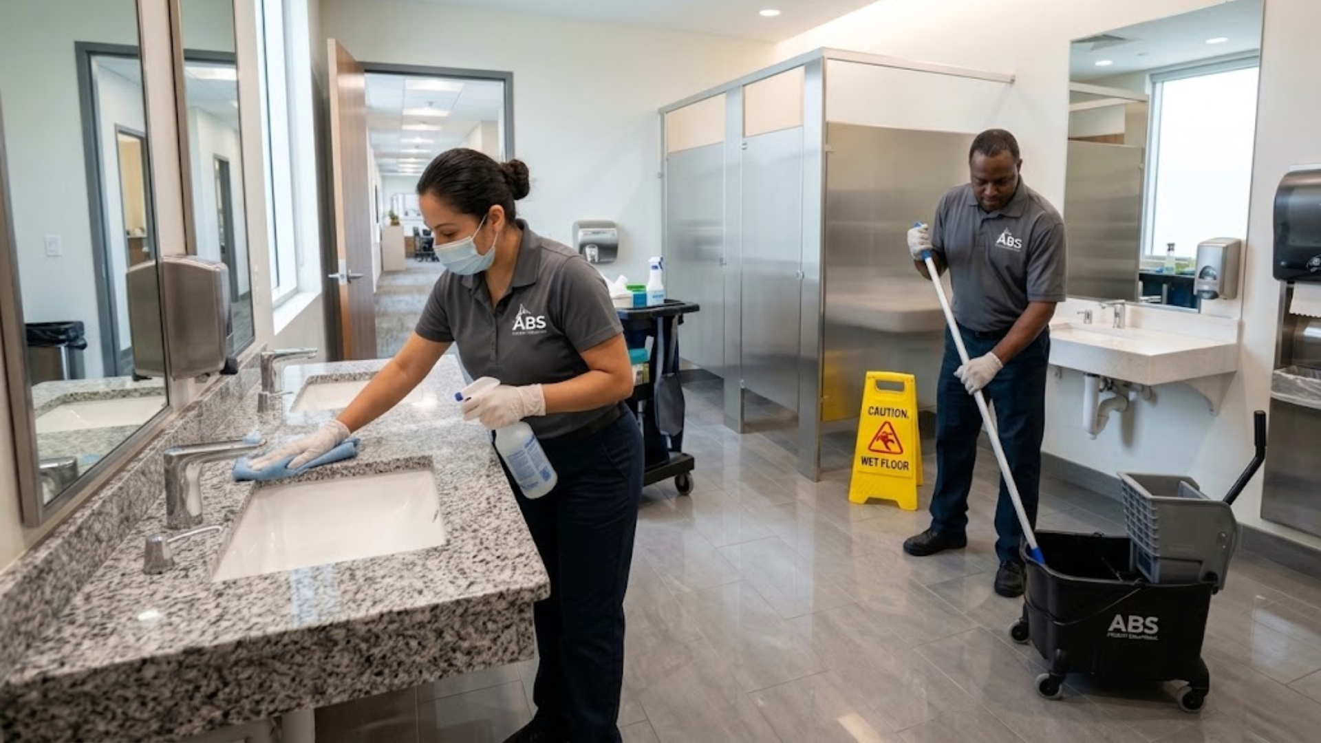 ABS Facility Solutions LLC cleaning crew doing a standard corporate restroom cleaning