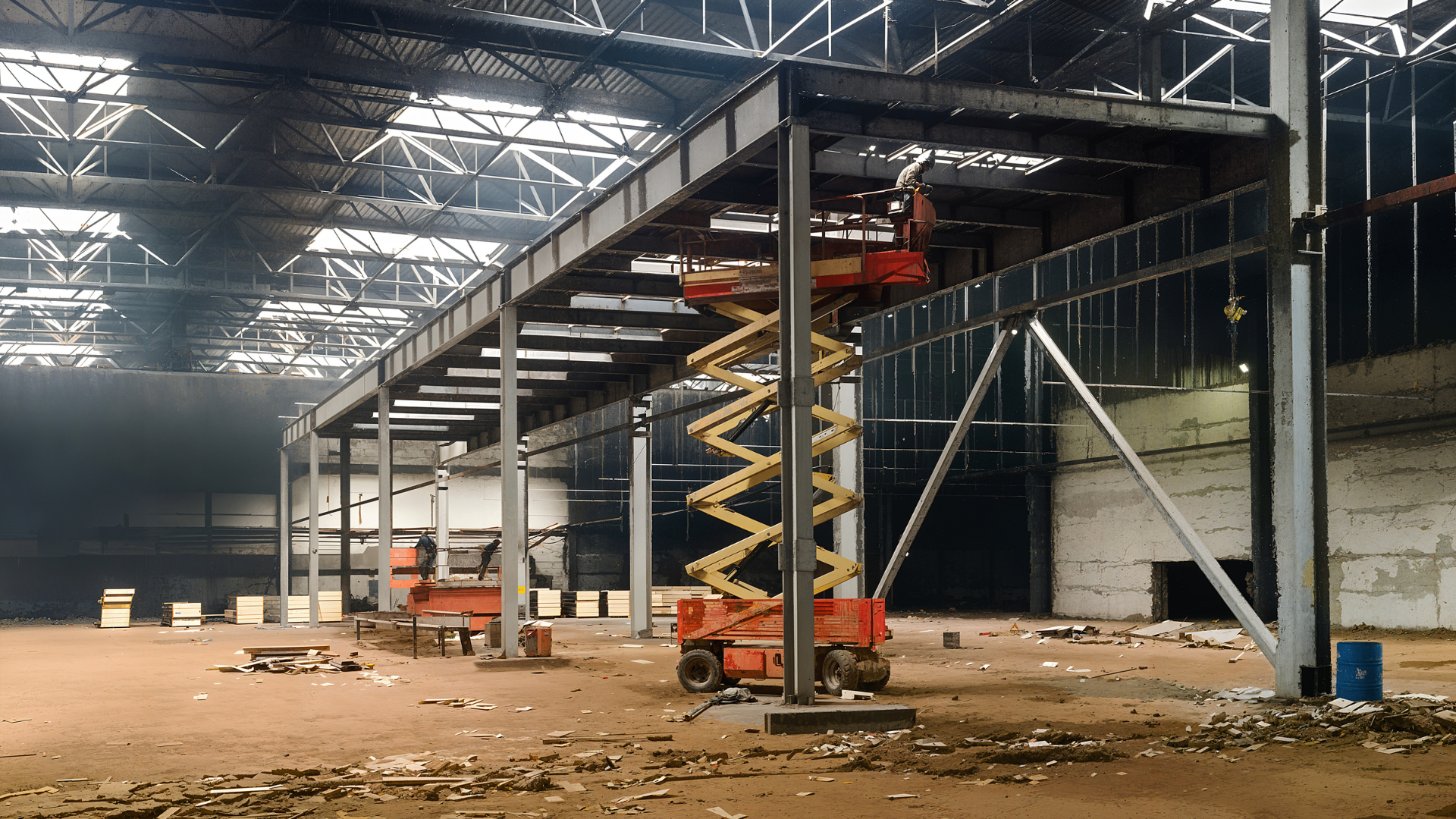 Industrial warehouse interior under construction, with steel frame, scissor lift, and scattered debris on the floor