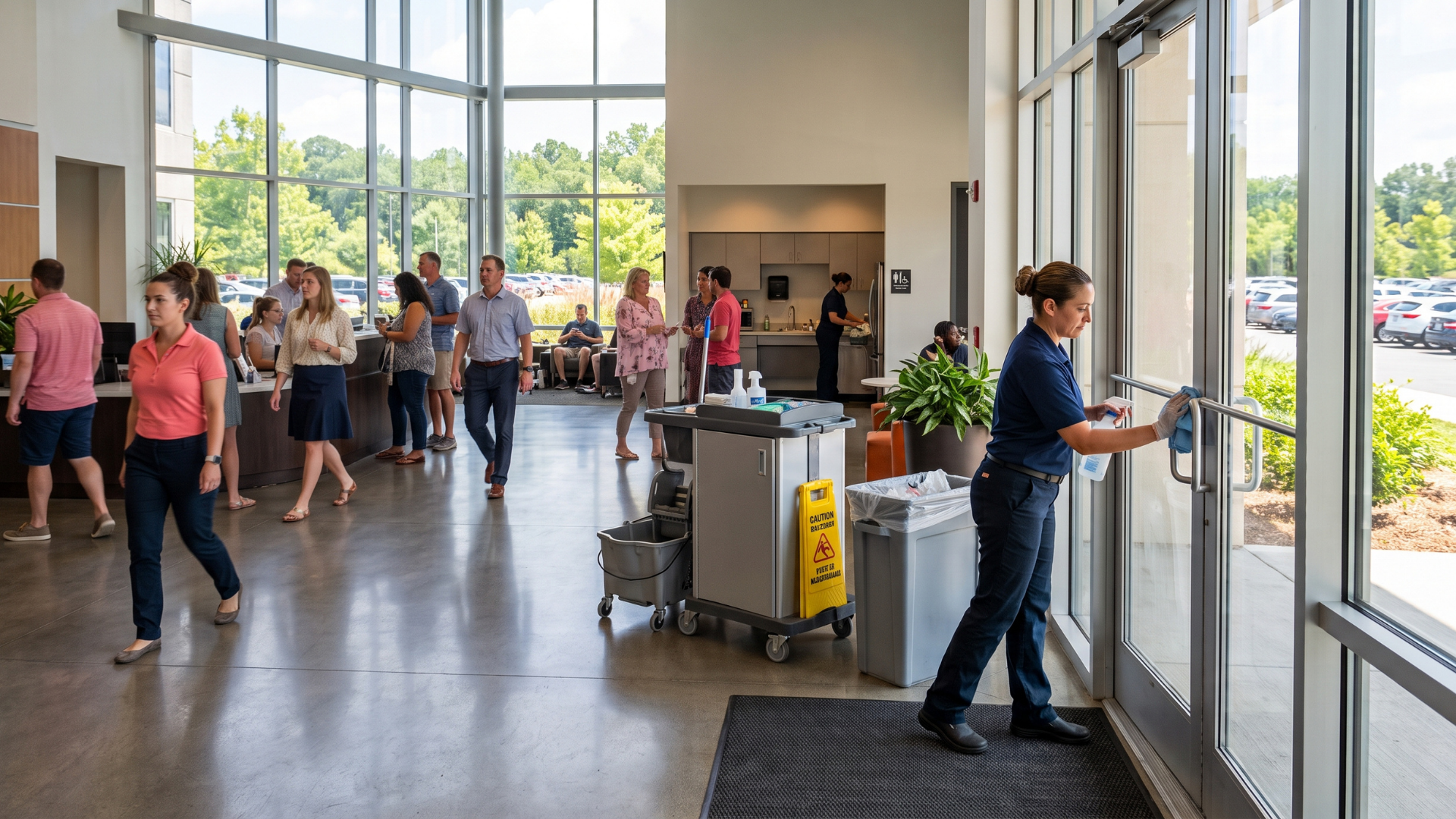 People entering a bright lobby through glass doors, with others standing near a reception desk.