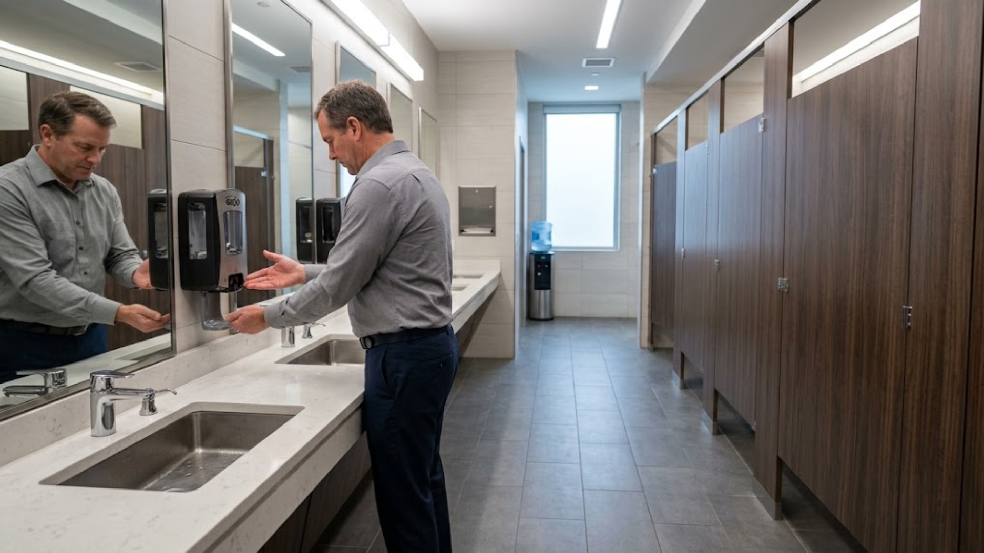 An employee is using the corporate restroom, but it is out of soap