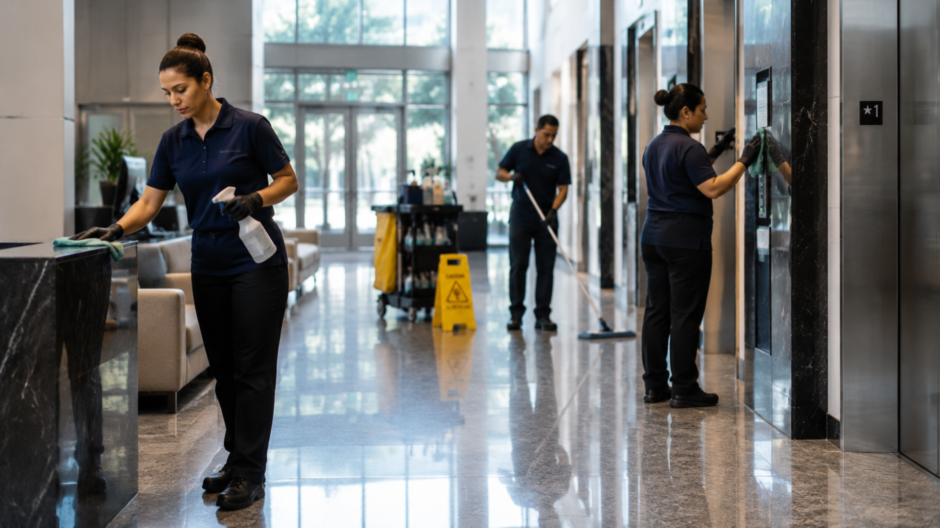 Cleaning staff mopping and wiping a glossy office lobby with elevator doors and a wet floor sign