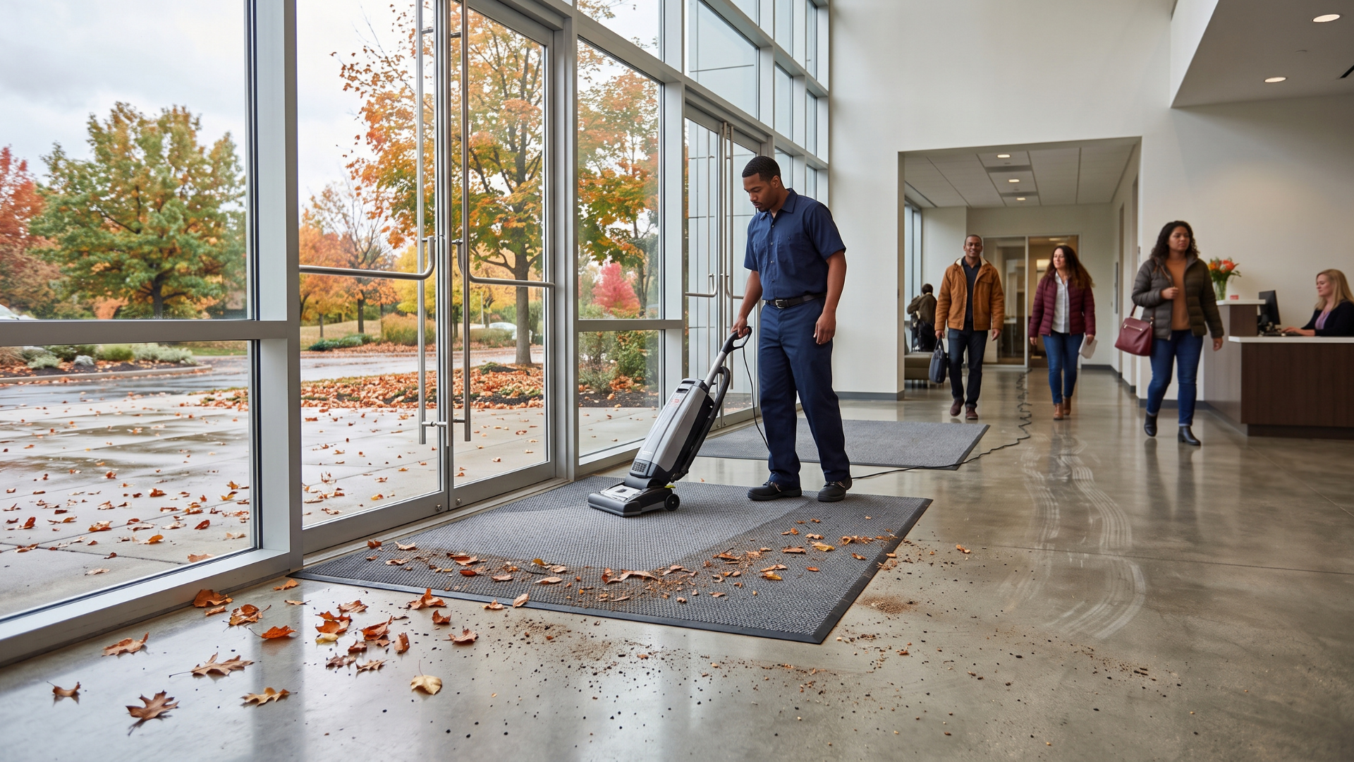 Worker vacuuming a glass-walled hallway with fallen autumn leaves on the floor