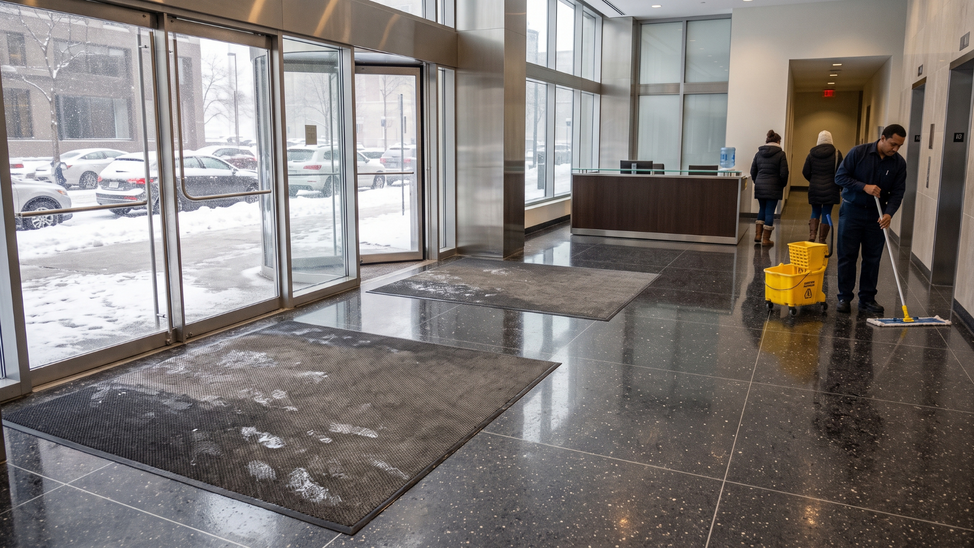 Building lobby with large windows, wet floor mats, and two people mopping near a yellow caution bucket
