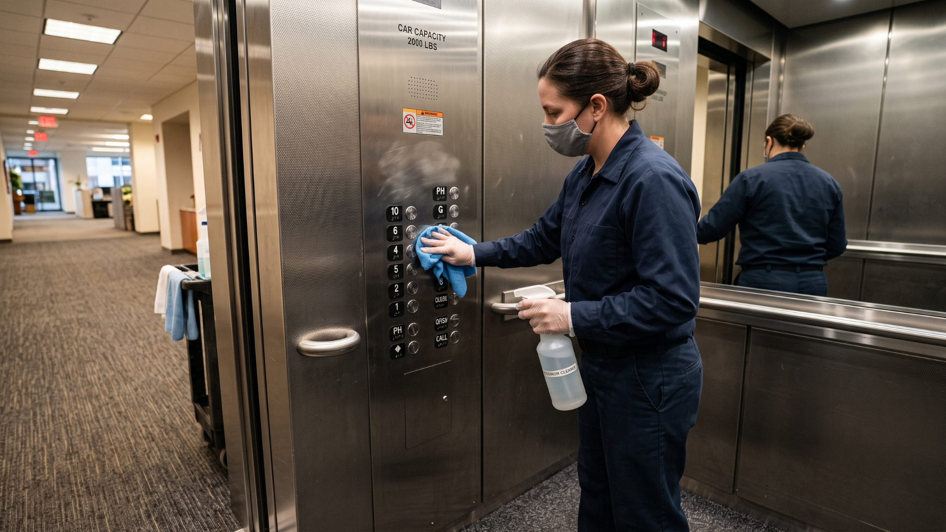 Person disinfecting elevator buttons with a spray bottle while wearing a mask and gloves.