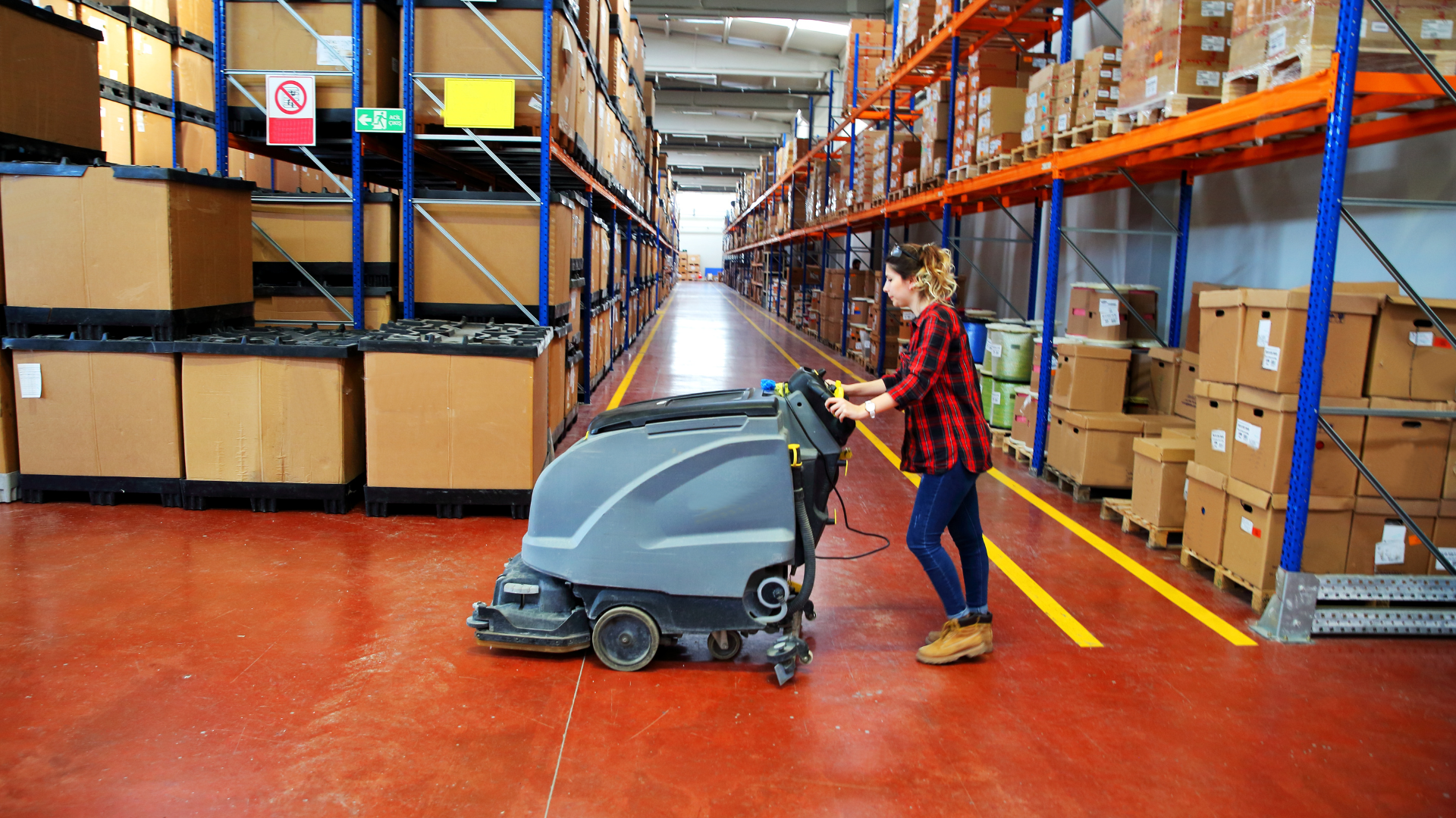 Warehouse worker pushing a gray floor scrubber through an aisle of stacked boxes