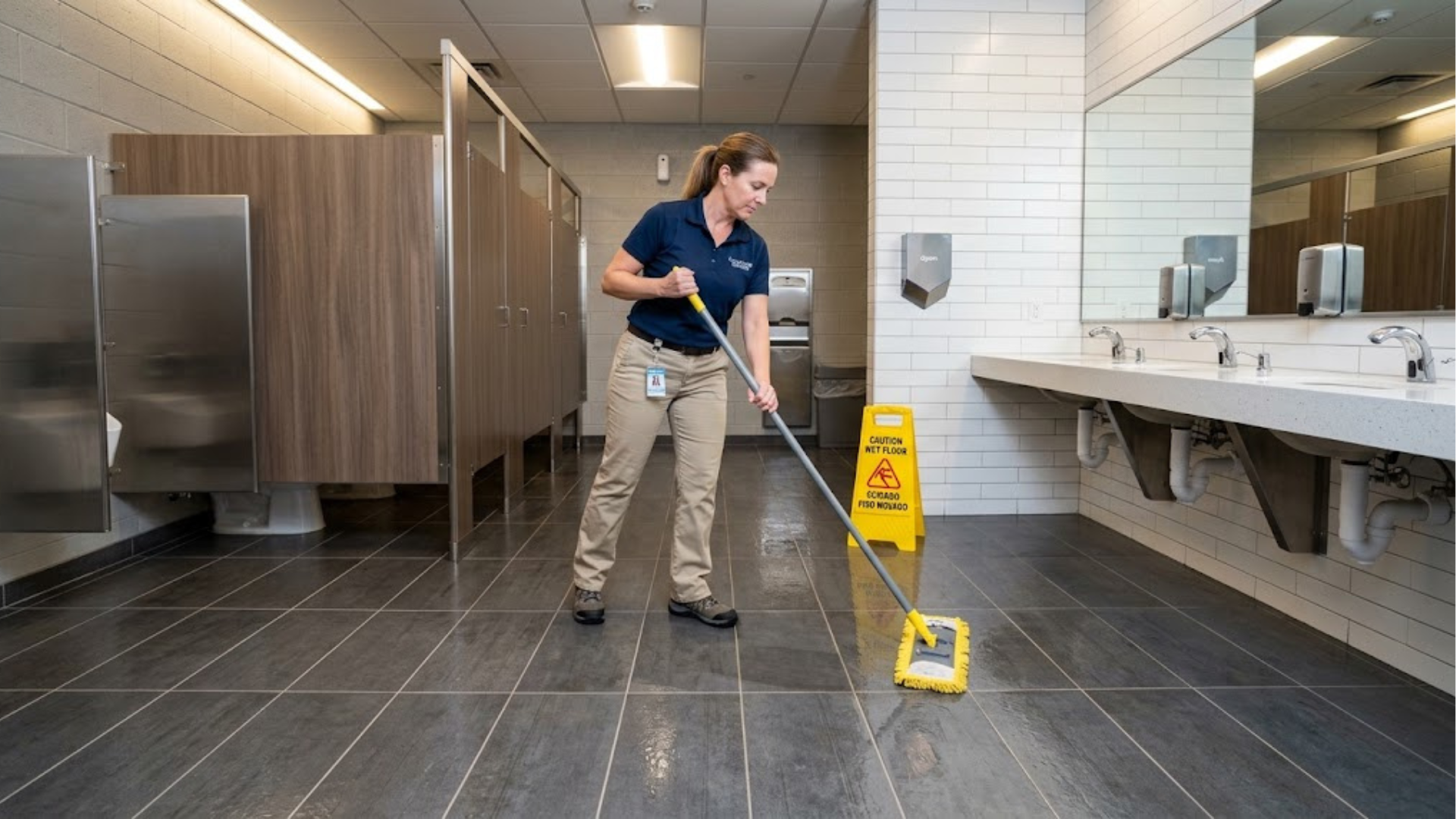 ABS Facility Solutions LLC cleaning crew cleaning the floor of a corporate restroom