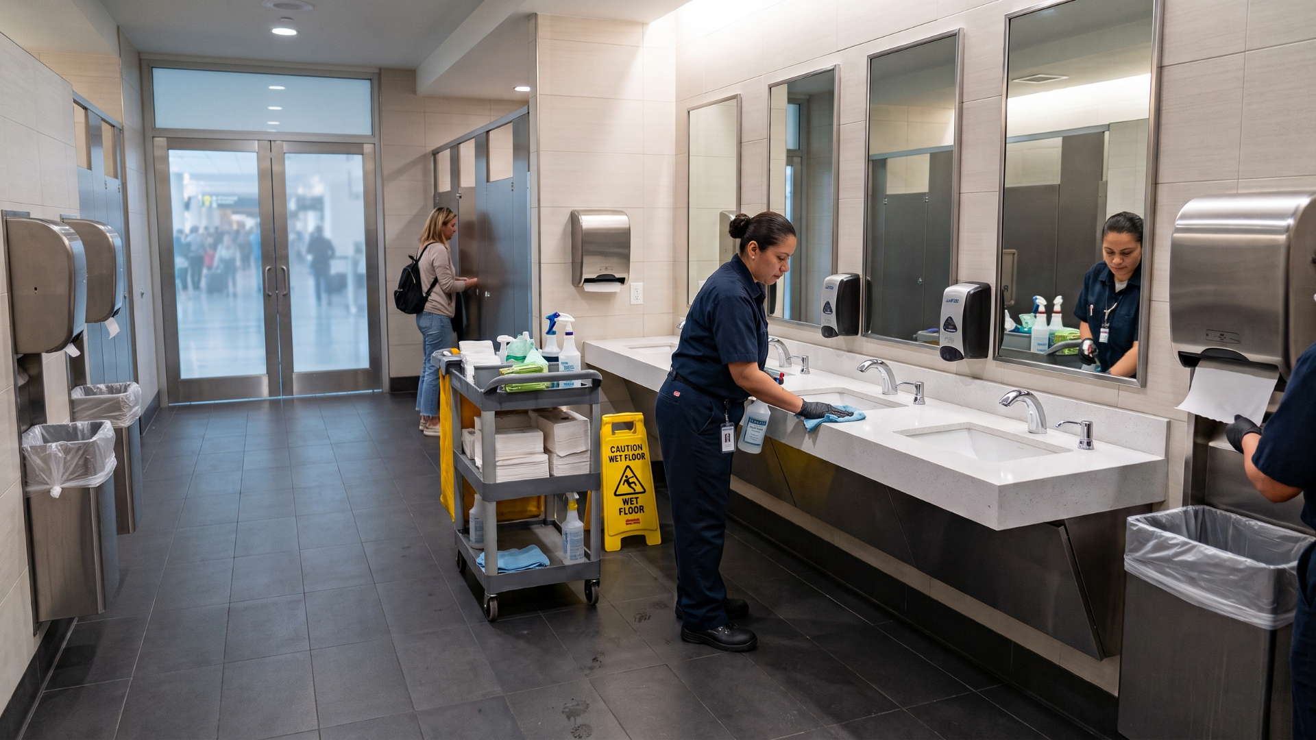 Hospital hallway with a staff member washing hands at a sink and cleaning cart nearby