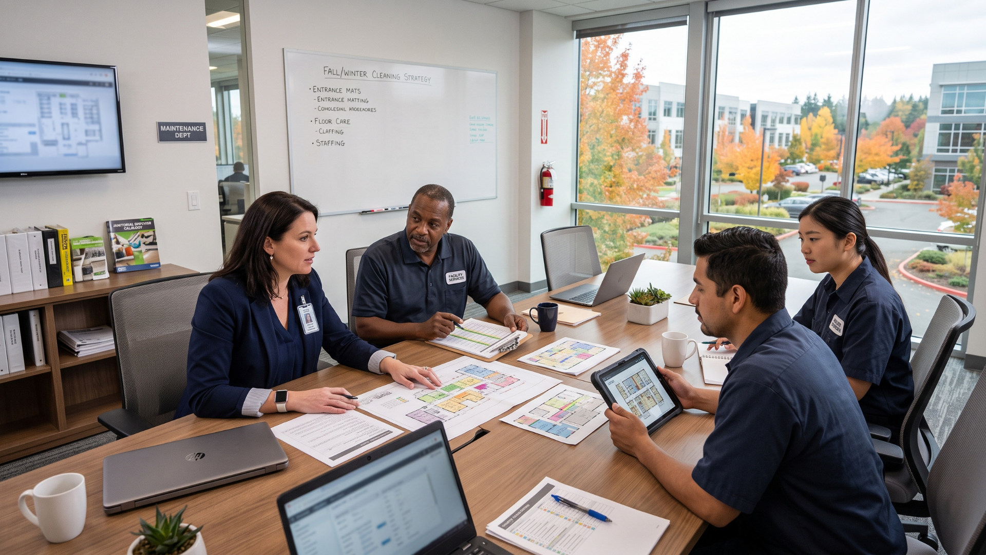 Business team meeting around a conference table in a bright office, discussing papers and a tablet.
