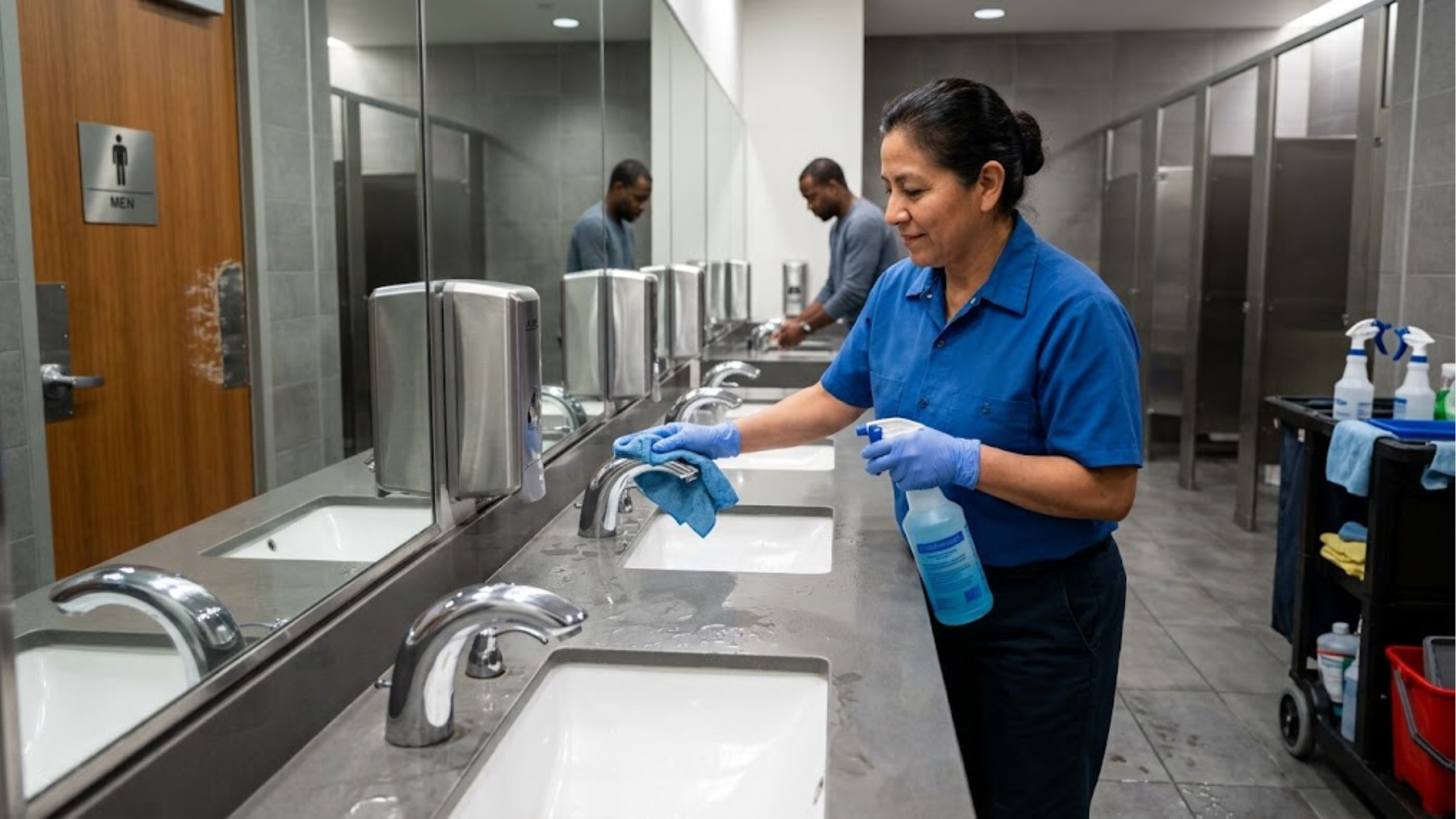 cleaning staff cleaning high-touch surfaces of a restroom, such as the faucet