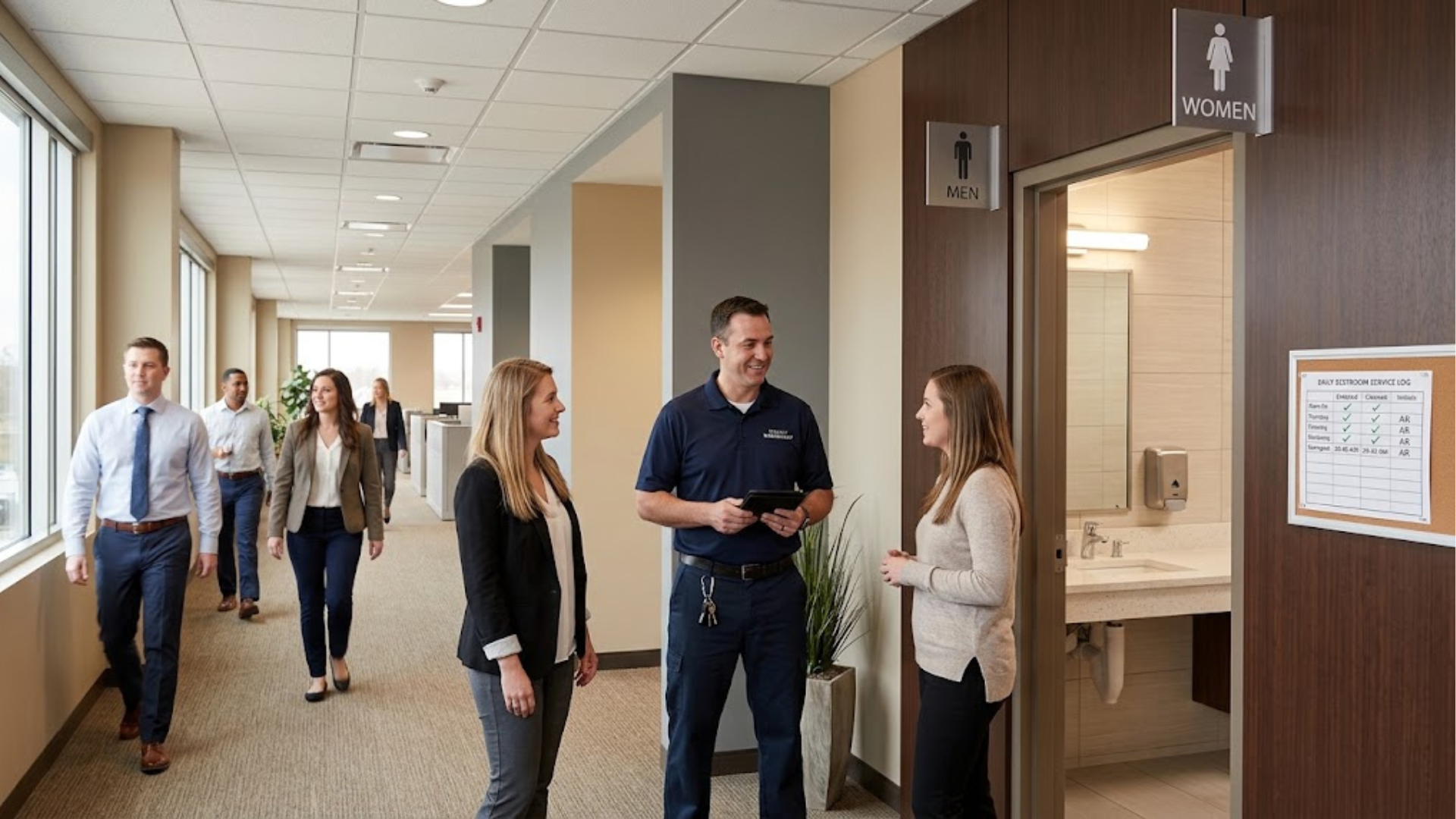 facility management team is facilitating the restroom cleaning schedule