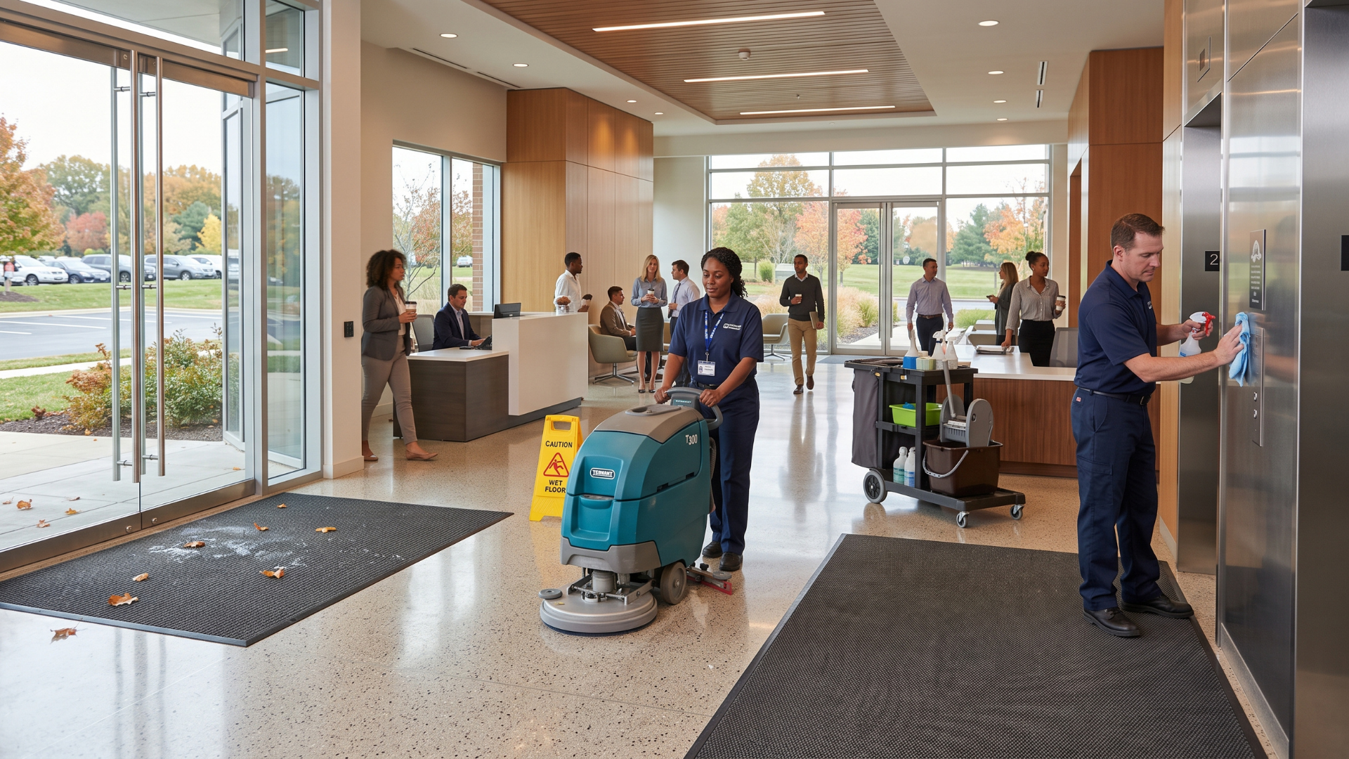 People cleaning a bright hotel lobby, with workers mopping floors and a caution sign near the entrance.